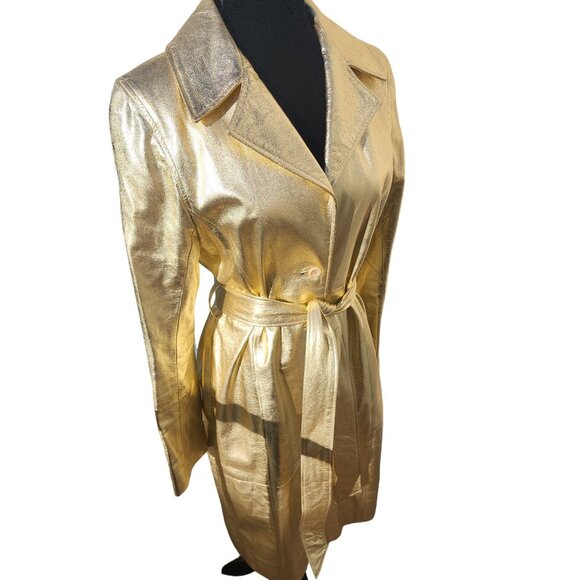Glamorous Gold Metallic REAL Genuine Soft Leather Designer Jacket Coat Trench NW - Picture 12 of 16